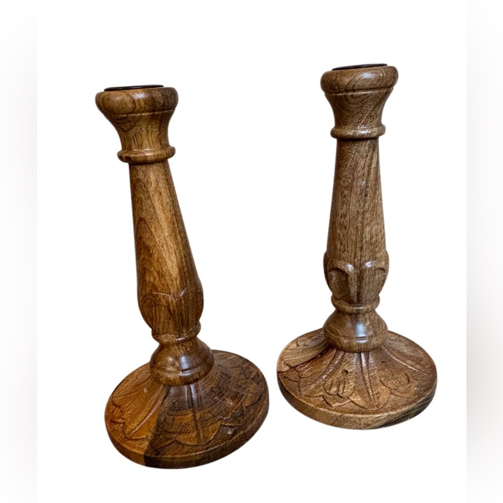 Vintage Wooden Carved Candle‎ Holders with Felt Protective Holders
